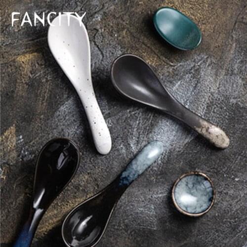 FANCITY Japanese style spoon ceramic small spoon restaurant porcelain spoon small spoon household soup short handle spoon spoon