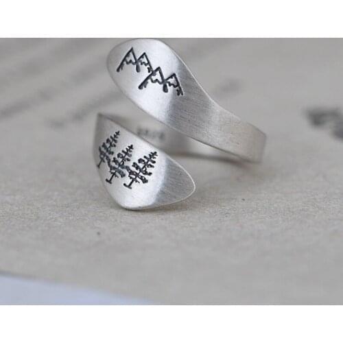 S925 silver retro fashion mountain tree pattern ring fashion temperament opening adjustable ring for women man