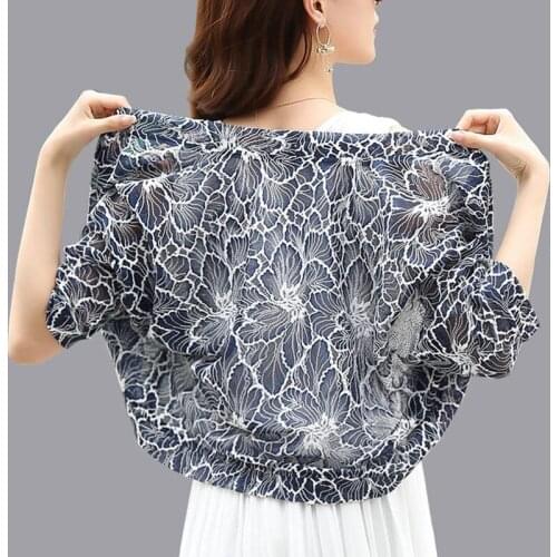 Short Sleeve Summer Cardigan Women Elegant V-Neck Batwing Sleeve Cropped Tops Hollow Out Floral Lace