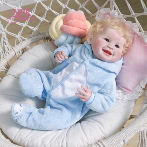 NPK 55CM bebe doll reborn baby newborn boy doll blond hair smile happy baby lifelike real soft touch handmade detailed painting