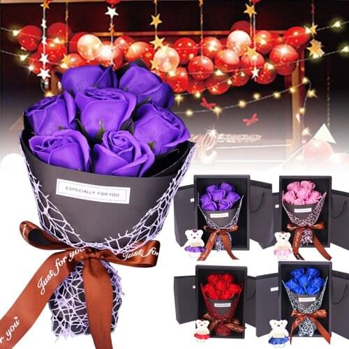 Best Valentines Day Gift 7 Soap Rose Flower Gift Box Bouquet Stuffed Bear Wife Present for Birthday Party Anniversary 2
