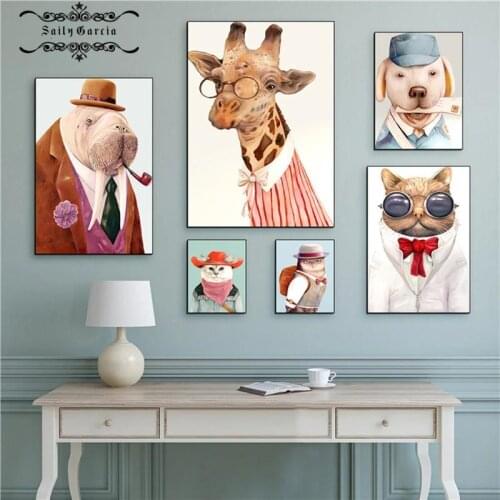 Elephant Giraffe Wolf Dog Cat Wall Art Poster and Prints Anthropomorphic Animal Canvas Painting for Home Interior Decor Pictures