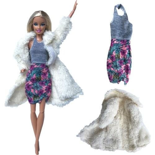 NK One Set Newest Doll White Noble Wool Coat Flower Vest Skirt Fashion Princess Dress Gown For Barbie Doll Girl Best Gift 26B 5X
