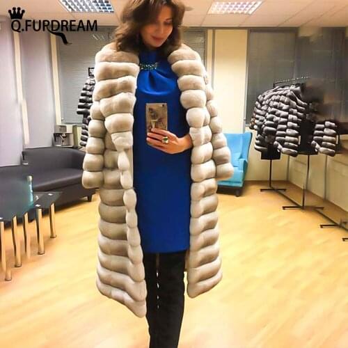 Q.FURDREAM 2021 Woman New Real Rex Rabbit Fur Long Coat Big Lapel Autumn Winter Warm Thick Outerwear Fashion Luxury Jacket