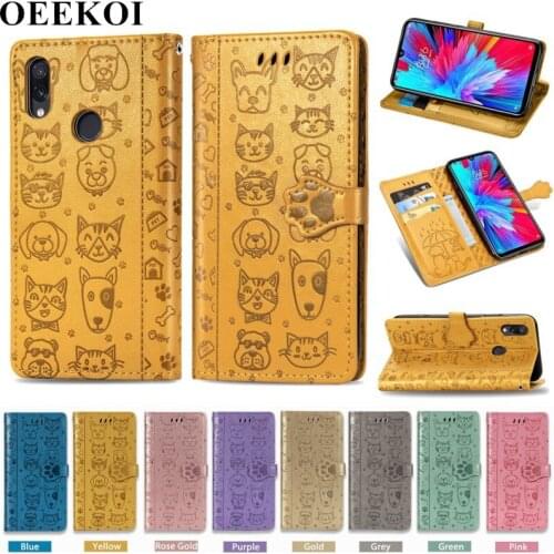 OEEKOI Cartoon Style Cat Dog Wallet Flip Cover Case for Xiaomi Redmi Note 7 Note 7S with Card Slot Holder