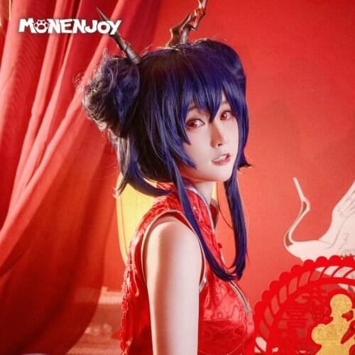 Monenjoy Arknights Ch'en Hui-Chieh Cosplay Wig Ageless Afterglow Chen Dark Blue Cos Hair