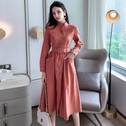 Retro Long-sleeved Dress Stand Collar Single-breasted high Waist Slim 2019 Autumn New French solid long Dress vestidos mujer