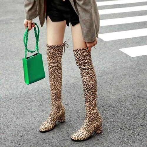 PXELENA 2019 Winter Leopard Over The Knee Boots Female Shoes 2019 Flock Chunky High Heels Zip Riding Long Boots Plus Size 34-43
