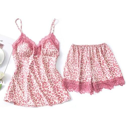 Pink Leopard Sexy Lace 2PCS Sleepwear Backless Girls Deep V Neck Pajamas Set With Bra Rayon Summer New Sleeveless Night Gown