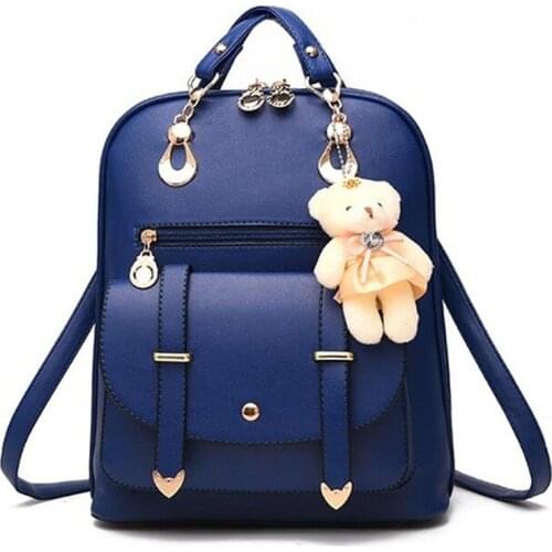 Preppy Style Women Backpack Bear Toys PU Leather Schoolbags for Teenage Girls Female Rucksack Shoulder Bag Travel Knapsack