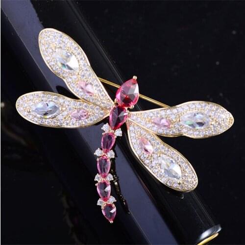 Lovely Dragonfly Brooches for Women Girl Bling Crystal Cubic Zirconia Insect Brooch Vintage Bridal Bouquet Scarf Insect Pin Gift