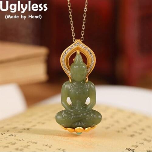 Uglyless Holy Meditate Buddha Pendants Necklaces NO Chains Luxury Big Size Gemstones Jade Buddhistic Jewelry 925 Silver Buddhas