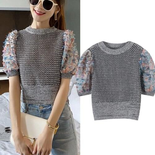 Crop Tops 2020 Autumn Winter Fashion Pullovers Ladies Colorful Floral Print Sleeve Patchwork Knitting Casual Grey Jumpers Women