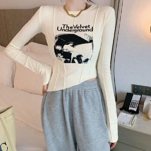 Casual Slim T-shirt For Women O Neck Long Sleeve Sexy Crop Top Grunge Letters Print Female Korean Fashion Clothing 2021 Gothic