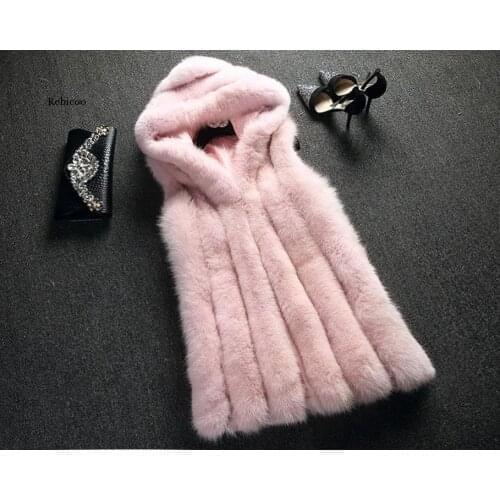 Plus Size Winter Warm Faux Fox Fur Thick Women Casual Long Vest Female Open Stitch Cardigan With Hat Hooded Coat