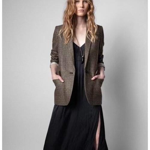 New 2021 Women Plaid Casual Blazer Coat Simple Autumn Winter Ladies Long Sleeve Single Buttons Business Jacket Outwear Tops