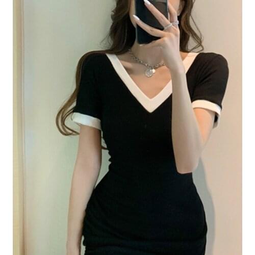 2021 New Korean V-Neck Waist Slim Bodycon Black Color Matching Pleated Mini Sexy Bag Hip One Piece Dress Women Summer Clothing