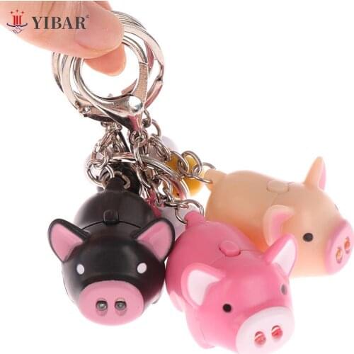 1PCS Mini Adorable Pig Keychain LED Luminous Sound Cartoon Pig Key Ring