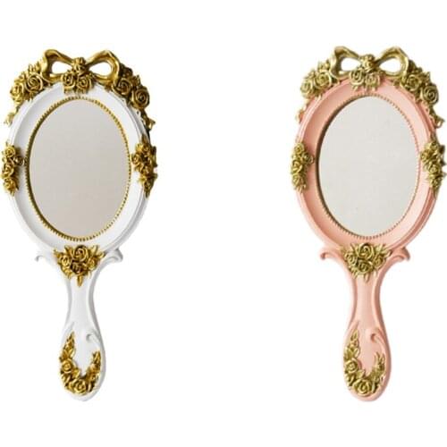 2Pcs Cute Creative Vintage Hand Mirrors Makeup Vanity Mirror Handheld Cosmetic Mirror With Handle For Gifts White & Pink