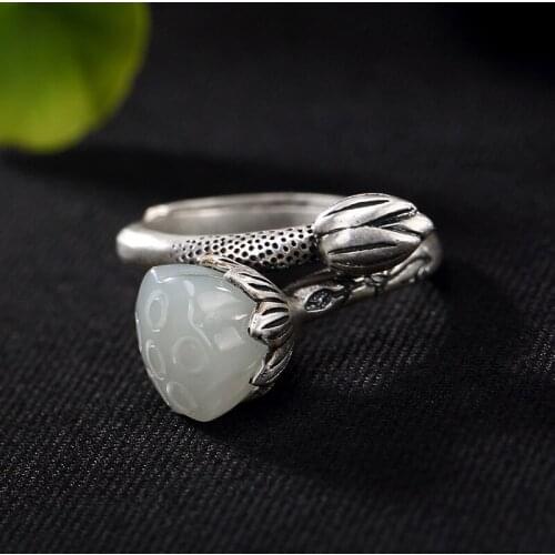 2018 Hot Sale New Arrival Anel Feminino Fine Restoring Ancient Ways Is Hetian Inlay Ms Lotus Opening Ring Wholesale Sterling