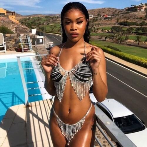 2021 shiny crystal rhinestone bikini tassel body chain womens Diamante bra sexy one piece nightclub