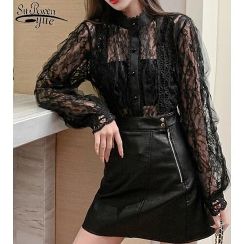 2021 Korea Retro Palace Style Romantic Lace Stitching Stand-collar Pearl Button Shirt Top Female Long Sleeve Womens Shirt 12929