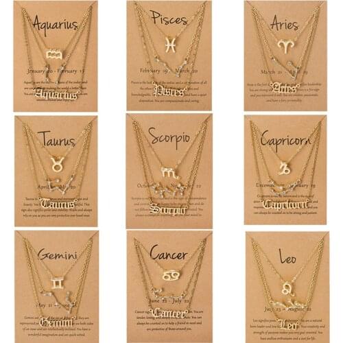 3Pcs/Set Cardboard Star Zodiac Sign Pendant 12 Constellation Charm Gold Color Necklace Aries Cancer Leo Scorpio Necklace Jewelry