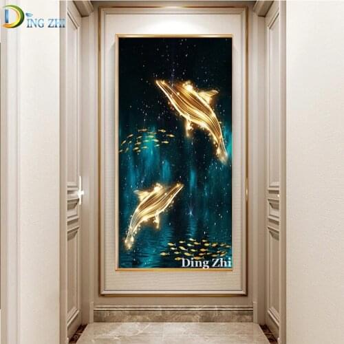 Nordic Home Decor 5D Diamond Painting Modern Art Abstract Golden Dolphin Full Square Round Drill Mosaic Cross Stitch Embroidery