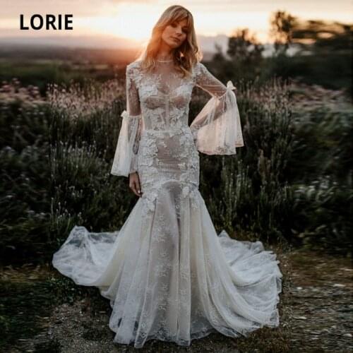 LORIE Bohemian Wedding Dresses Corset Long Sleeves Flare Sleeves Lace Custom Made Mermaid Wedding Gown Bridal Dress 2021