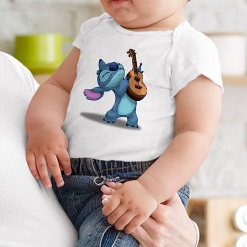 Disney Baby Onesie Fashion Cartoon Stitch Play The Guitar Harajuku Summer Kawaii Top Ulzzang Short Sleeves Toddler Bodysuits