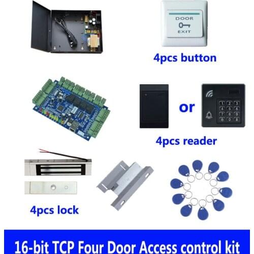 Access control kit,TCP four door access control+powercase+180kg magnetic lock+ZL-bracket+ID reader+button+10 ID tag,sn:kit-B405