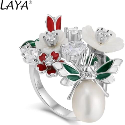 Laya 925 Sterling Silver High Quality Zircon Natural Pearl Shell Flower Leaf Enamel Ring For Women Trendy Jewelry 2021 Trend