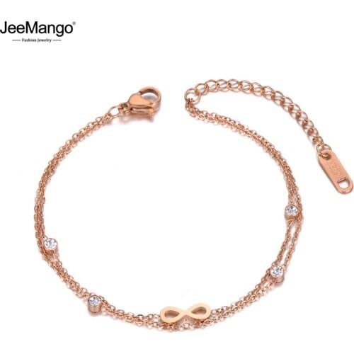 JeeMango Trendy Double Layer Infinity Charm Bracelets For Women Stainless Steel Bohemia CZ Crystal Link Chain Bracelet JB20011