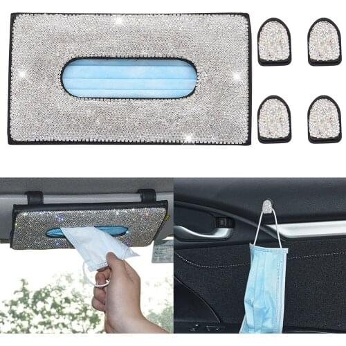 Shiny Rhinestone Set Car Sun Visor Tissue Box Cover Mask Storage Box Paper Towel Holder 4pcs Hook Clips