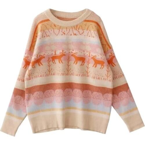 2021 New Christmas Sweater Funny Reindeer Printed Christmas Japanese Crewneck Winter Loose Casual Long Sweaters Jumpers Tops