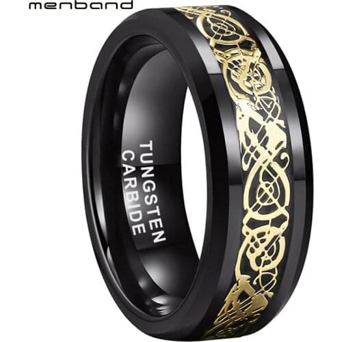 Black Wedding Band Men Women Tungsten Carbide Ring With Black Carbon Fiber And Gold Dragon Inlay 8MM Comfort Fit