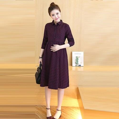 OkayMom Long Red Plaid Maternity Dress Clothes Casual Pregnancy Wear Vestidos Clothing Korean Premama Party Dresses For Pregnant Women