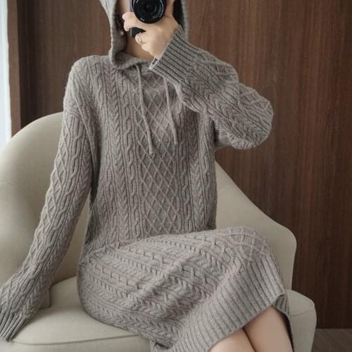 Adishree 2021 woman winter 100% Cashmere sweaters autumn knitted Pullovers dresses High Quality Warm Female thickening Hooded
