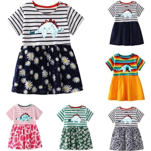 Toddler Kid Baby Girl Striped Floral Dinosaur Bling Printed Casual Dress Clothes Drop Shipping