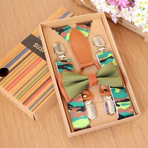 YSMILE Y Adjustable Elastic Baby Kids Camouflage Suspenders Bow Tie Set Belt Strap Shirts Y-Back Brace Suspenders For Children