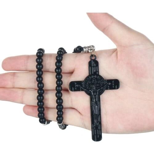 Religious Jesus Cross Necklace Saint Benedict Medal Pendant Necklace for Men Women Leather Rope Black Beads Chain Jewelry Gift