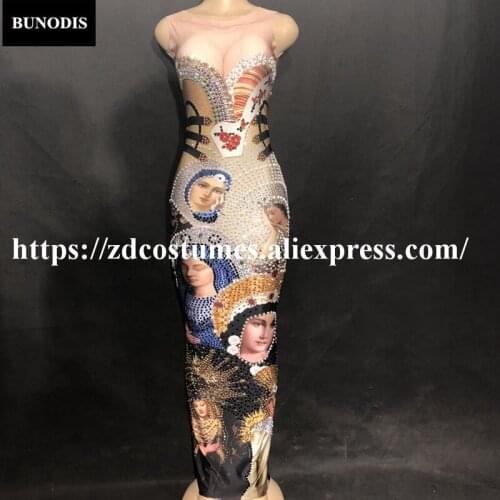 ZD252 Women Sexy Long Skirt Sleeveless Virgin Mary Head Portrait Sparkling Crystals Printed Bling Nightclub Party Birthday