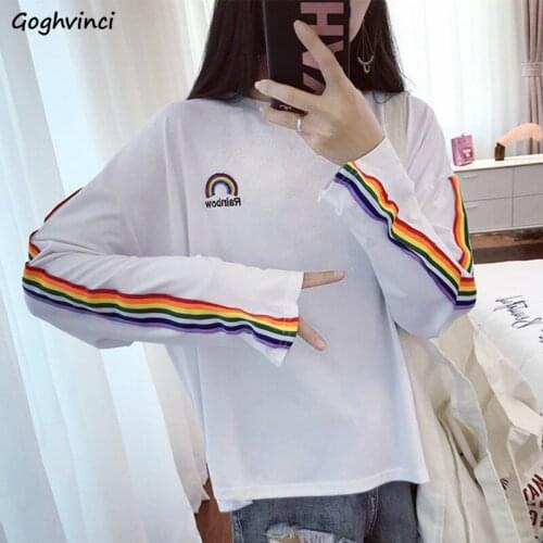 T-shirts Women Rainbow Striped Embroidery Fashion Students Korean Style Long Sleeves Loose Ins Harajuku Stylish Womens Chic New