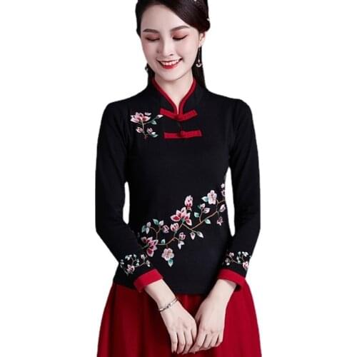 Chinese Style Clothing Women Hanfu 2021 Vintage Shirt Ethnic Tunic Patchwork Blouse And Top Women Ladies Chinese Tops V1932