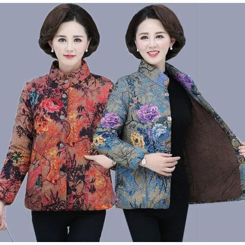 2021 Cotton Jacket Winter Middle-Aged Elderly Women Mothers Plus Velvet Padded Coat Plus Size 5XL Keep Warm Printing Outwear