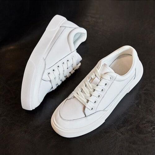 2020 Spring Genuine Leather Sneakers Women White Lace-up Flat Shoes Breathable Platform Shoes Girl Casual Shoes Soft Footwears