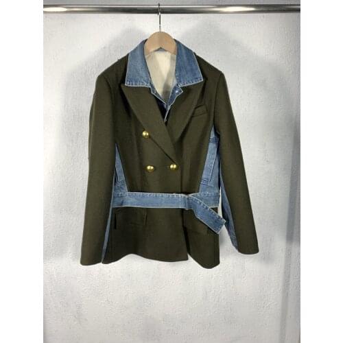 Fashion 2021 new ladies suit denim gold buckle woolen coat + side pleated stitching 2-piece pants 1012