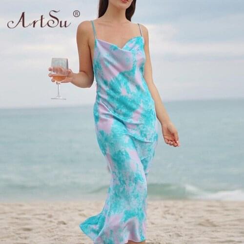 ArtSu Women Elegant Blue Tie Dye Print Party Dress Spaghetti Strap V-Neck High Waist Stretch Beach Long Dresses Sexy Vestidos