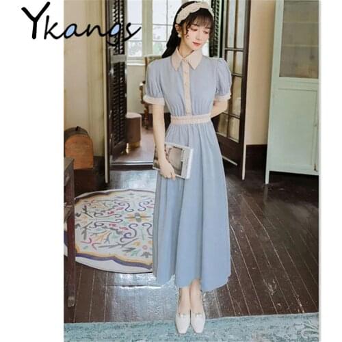 Robe Femme Sweet Slim French Style Blue Short Sleeve Elegant Vintage Fairycore Dress Lapel Summer New Tender Mori Girl Clothing