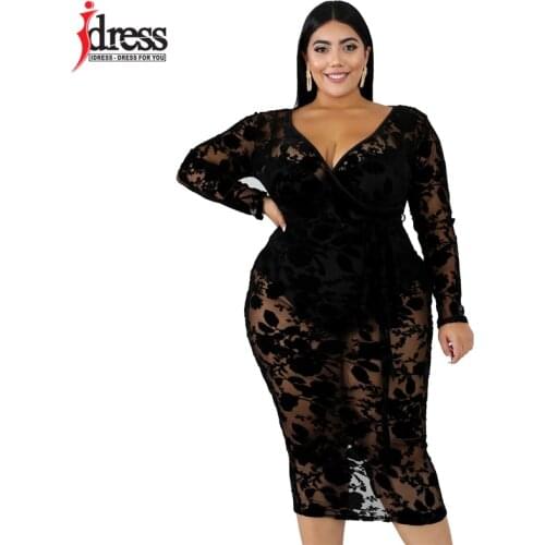 IDress Plus Size XL-6XL Dress for Fat MM Women Sheer Mesh Flocking V-Neck Long Sleeve Bodycon Midi Dresses Party Dress Vestidos